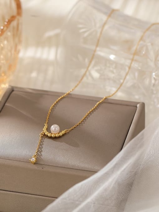 NS1069 [Gold] 925 Sterling Silver Imitation Pearl Tassel Minimalist Lariat Necklace